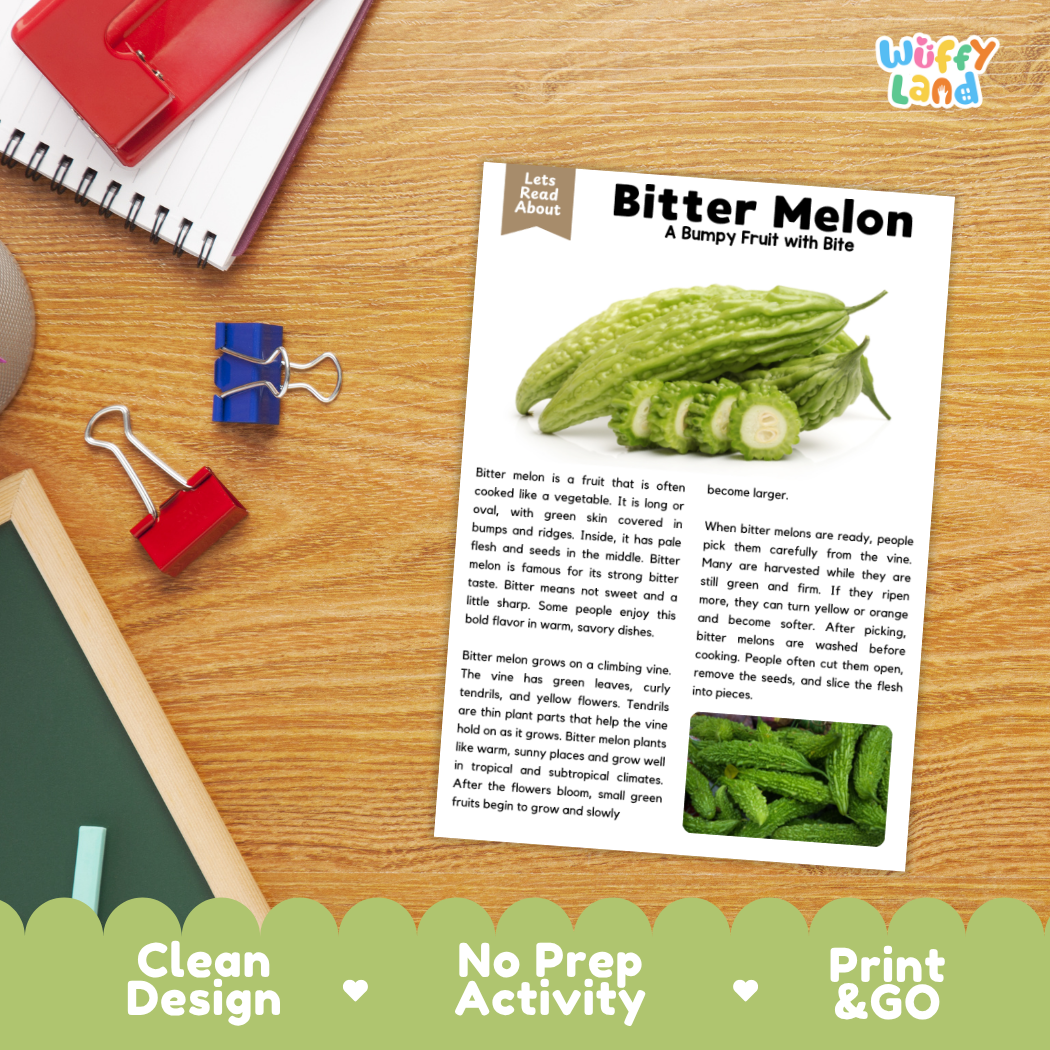 Student reading comprehension worksheet with short-answer questions and lined sections about the bitter melon fruit
