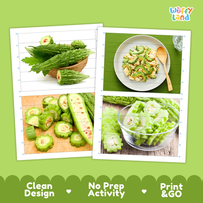 Printable activity sheets featuring photographic bitter melon puzzle boards and cutting guides