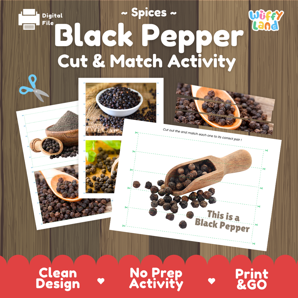 Black pepper cut and match activity cover showing printable fine motor puzzle sheets and spice photographs