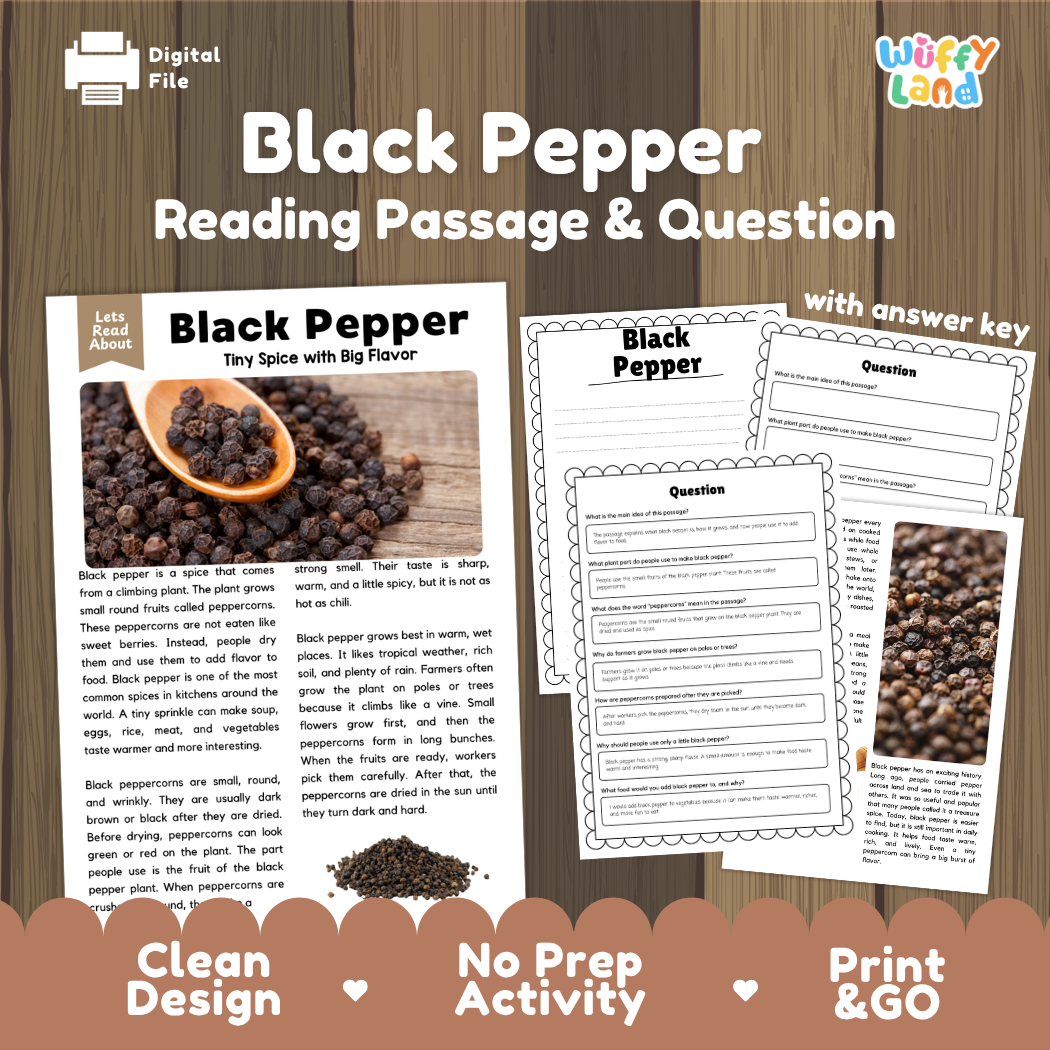 Black pepper reading comprehension passage and questions printable activity pack with answer key for elementary students