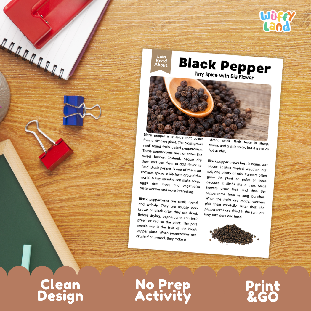 Student reading comprehension worksheet with short-answer questions and lined sections about black pepper spice