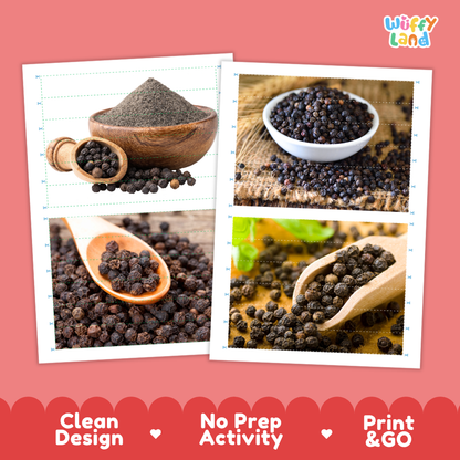 Printable activity sheets featuring photographic black pepper puzzle boards and cutting guides