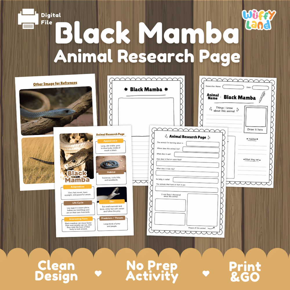 Digital preview of a 'Black Mamba Animal Research Page' activity sheet set by Wiffy Land, displayed on a wood-grain background with promotional text at the bottom.