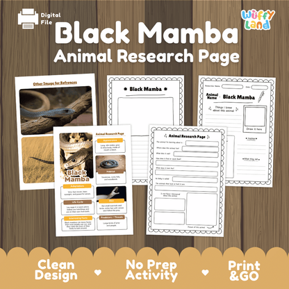 Digital preview of a 'Black Mamba Animal Research Page' activity sheet set by Wiffy Land, displayed on a wood-grain background with promotional text at the bottom.