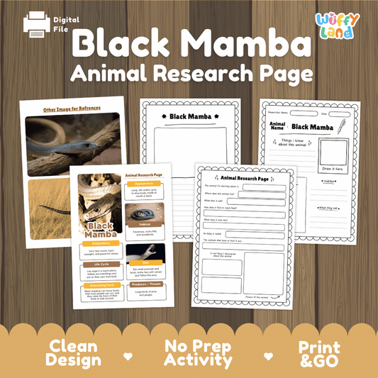 Digital preview of a 'Black Mamba Animal Research Page' activity sheet set by Wiffy Land, displayed on a wood-grain background with promotional text at the bottom.