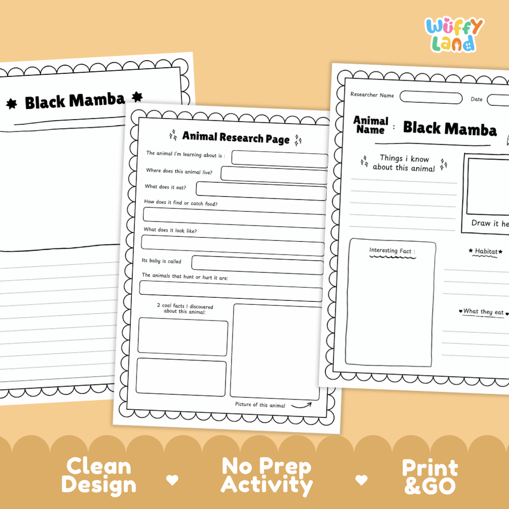 Three printable worksheet pages for an animal research activity about black mamba, shown on a warm beige background with the text 'Clean Design', 'No Prep Activity', and 'Print & GO'. The pages are white with black text and border lines, and the brand logo 'Wiffy Land' appears in the top right.