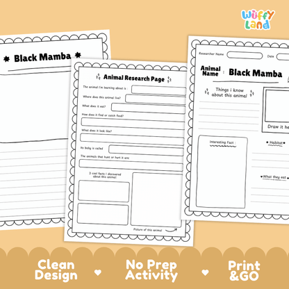 Three printable worksheet pages for an animal research activity about black mamba, shown on a warm beige background with the text 'Clean Design', 'No Prep Activity', and 'Print & GO'. The pages are white with black text and border lines, and the brand logo 'Wiffy Land' appears in the top right.