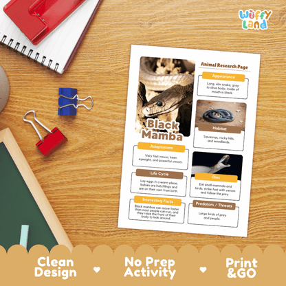 A printed animal research page about a black mamba laid on a wooden desk, surrounded by school supplies including a spiral notebook, binder clips, and a red folder. The page has a clean layout with photos, text sections, and the title 'Black Mamba.