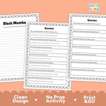 Black Mambas Reading Passage and Comprehension Questions Worksheets