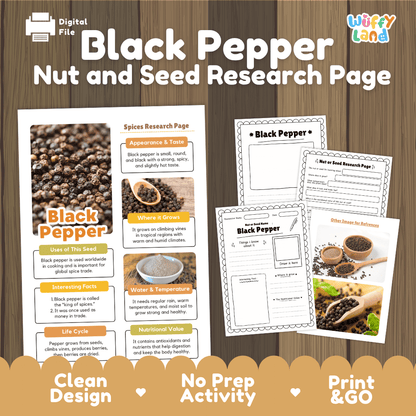 Black Pepper Nut and Seed Research Page Worksheets and Fact Sheet