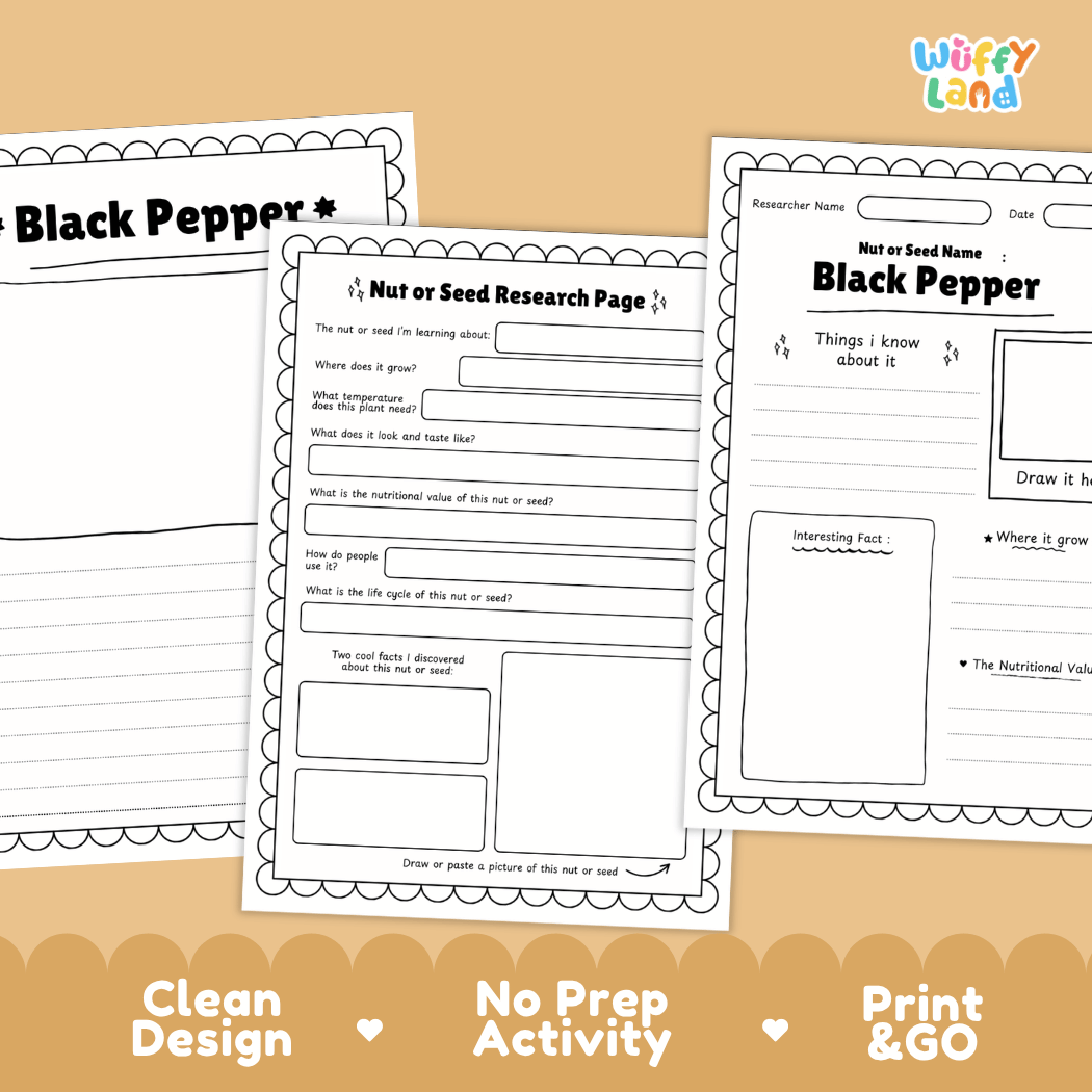 Black Pepper Nut and Seed Research Page Worksheets and Fact Sheet