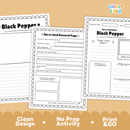 Black Pepper Nut and Seed Research Page Worksheets and Fact Sheet