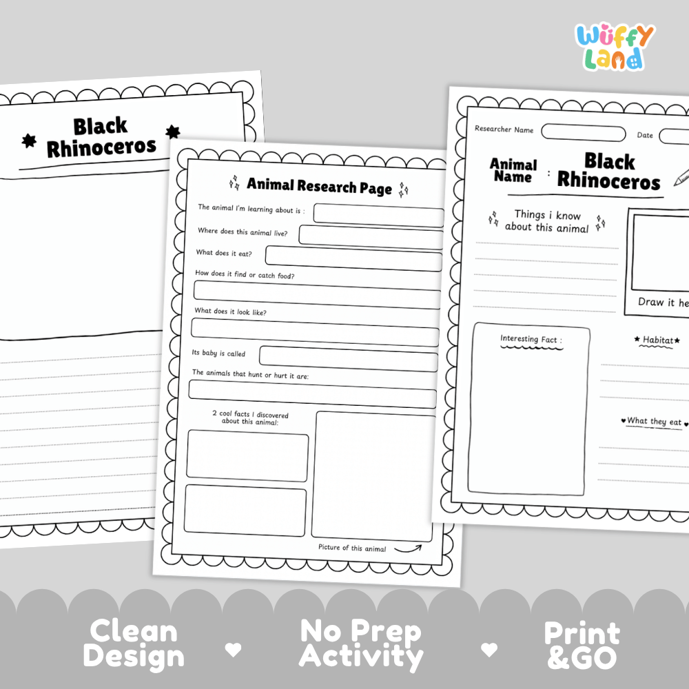 Three printable worksheet pages for an animal research project titled 'Black Rhinoceros' are shown on a light gray background with decorative scalloped borders and the text 'Clean Design', 'No Prep Activity', and 'Print & GO'. The worksheets are black and white with the 'Wuffy Land' logo in the top right.