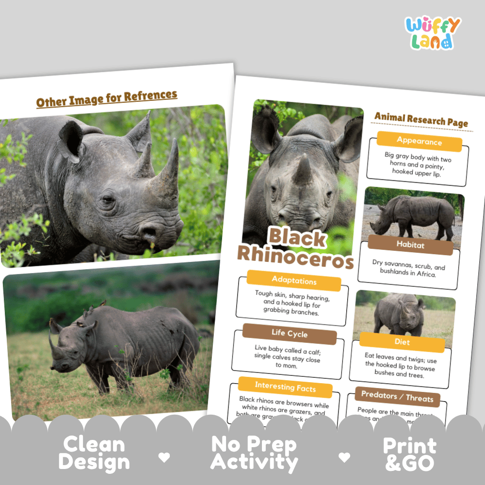 Two printed activity worksheet pages from Wuffy Land about black rhinos, shown on a white background with decorative gray banner elements. The pages feature animal photos, text boxes, headings like 'Other Image for References,' 'Black Rhinoceros,' and 'Animal Research Page,' plus a 'Print & GO' callout along the bottom.