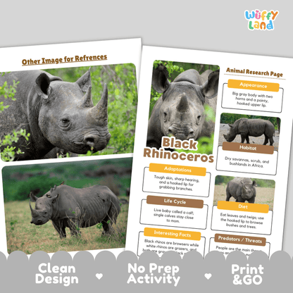 Two printed activity worksheet pages from Wuffy Land about black rhinos, shown on a white background with decorative gray banner elements. The pages feature animal photos, text boxes, headings like 'Other Image for References,' 'Black Rhinoceros,' and 'Animal Research Page,' plus a 'Print & GO' callout along the bottom.