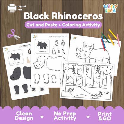 Black Rhinoceros Cut and Paste Craft and Coloring Pages Activity Worksheets