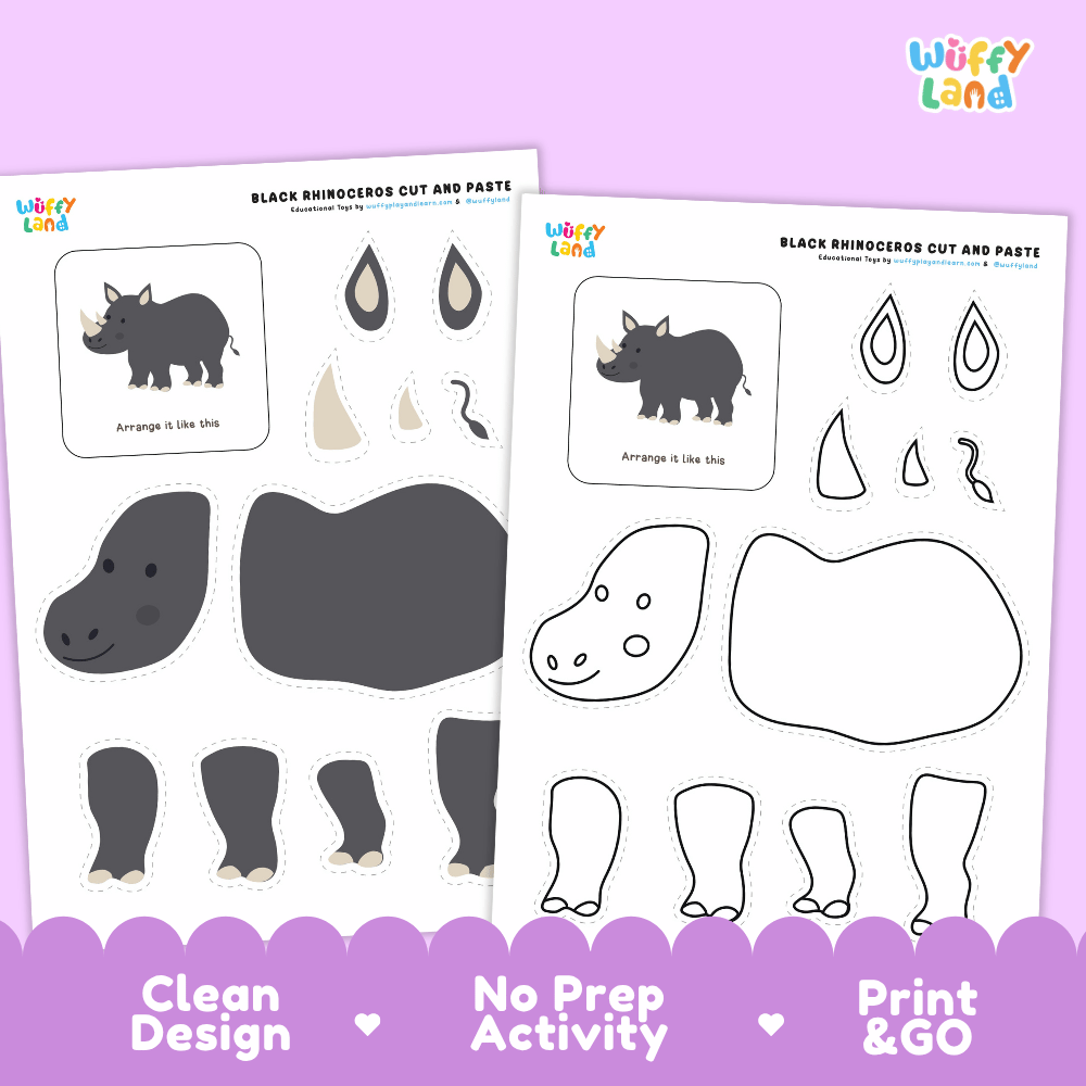 Black Rhinoceros Cut and Paste Craft and Coloring Pages Activity Worksheets