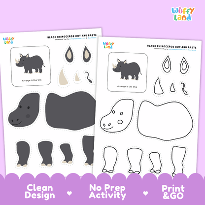 Black Rhinoceros Cut and Paste Craft and Coloring Pages Activity Worksheets