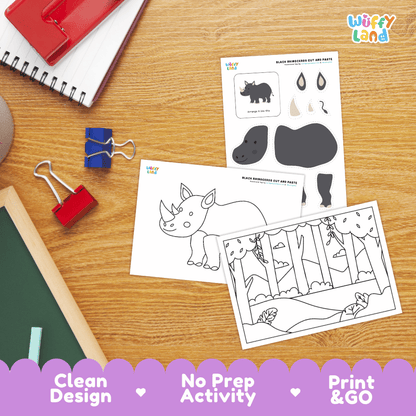 Black Rhinoceros Cut and Paste Craft and Coloring Pages Activity Worksheets