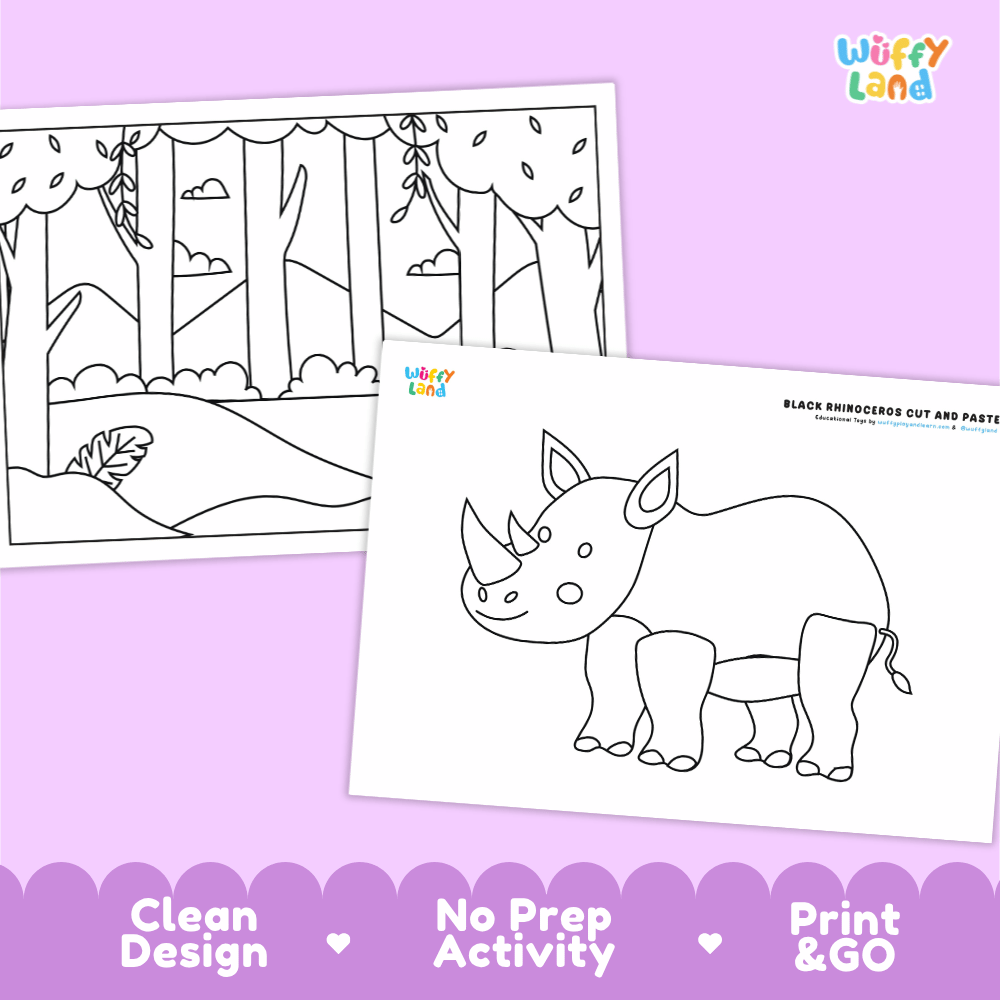 Black Rhinoceros Cut and Paste Craft and Coloring Pages Activity Worksheets