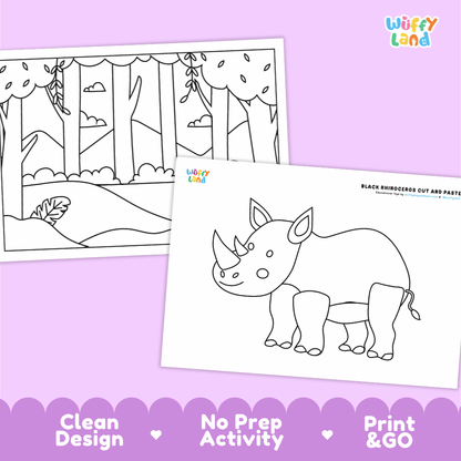 Black Rhinoceros Cut and Paste Craft and Coloring Pages Activity Worksheets