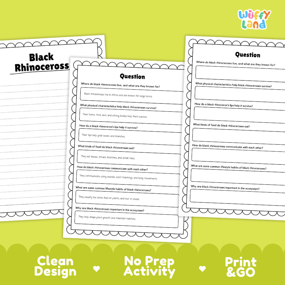 Black Rhinoceros Reading Passage and Comprehension Questions Worksheets