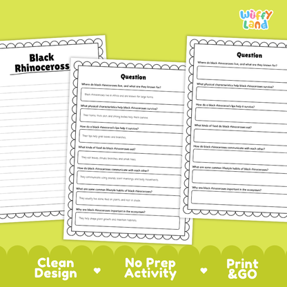 Black Rhinoceros Reading Passage and Comprehension Questions Worksheets