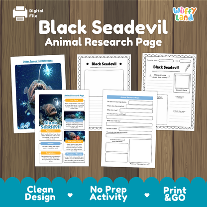 Black Seadevil Animal Research Page Worksheets and Fact Sheet Activity