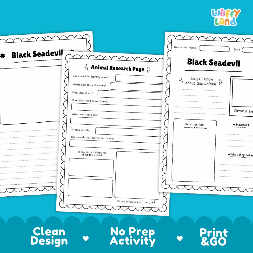 Three printable worksheet pages for a Black Seadevil activity are shown on a bright blue background. The pages are white with black text and border outlines, including sections for an animal research page and fact boxes.