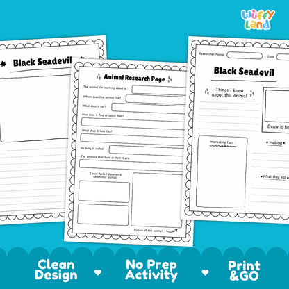 Three printable worksheet pages for a Black Seadevil activity are shown on a bright blue background. The pages are white with black text and border outlines, including sections for an animal research page and fact boxes.