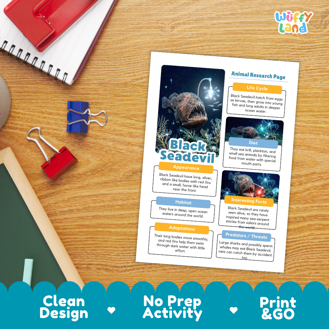 A printed educational poster about the black seadevil laid on a desk, surrounded by school supplies including a notebook, red and blue binder clips, and a red folder. The poster has colorful text boxes, animal photos, and a blue header.