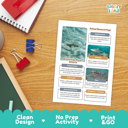 Blacktip Reef Shark Animal Research Project and Worksheets Print and Go Activity