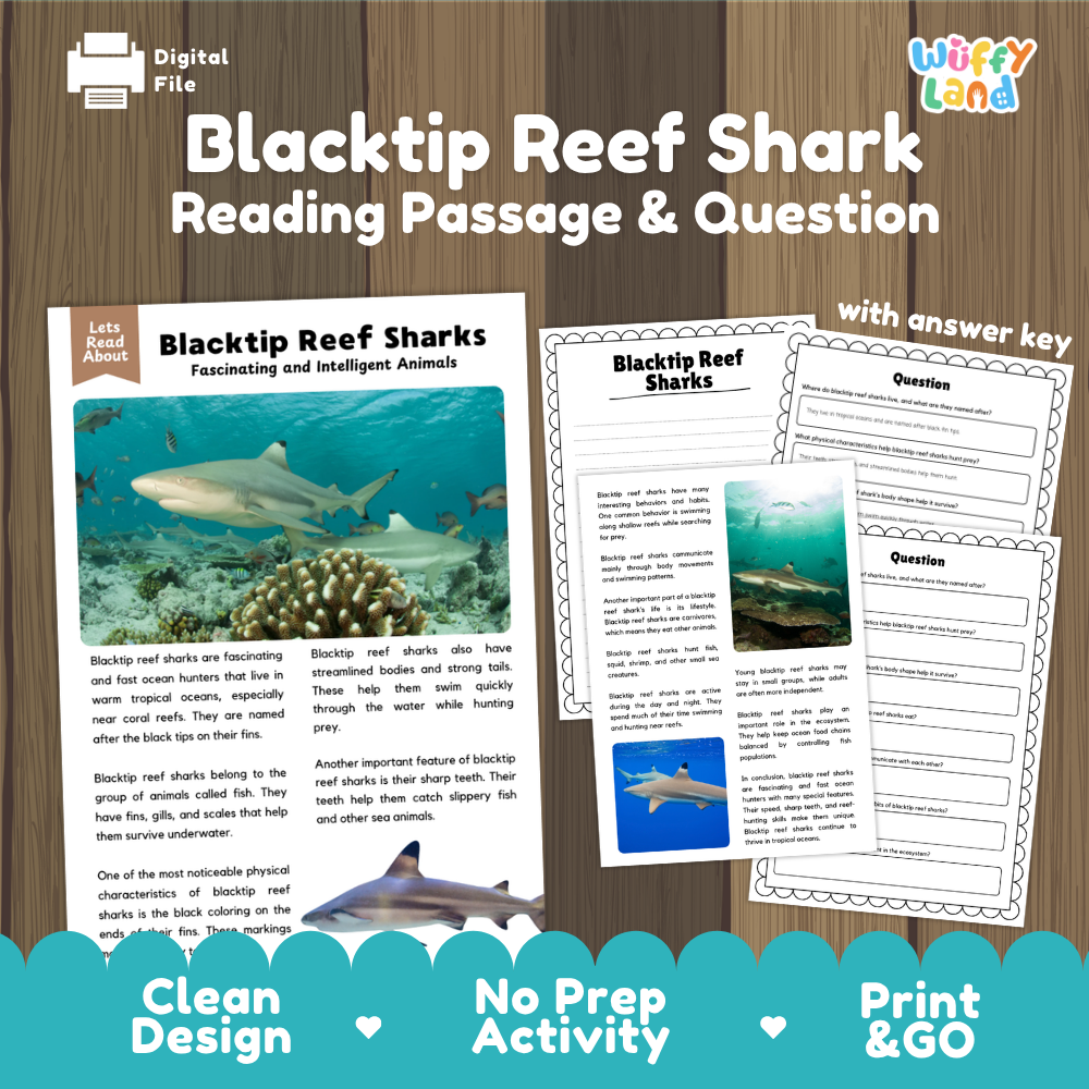 Digital reading activity product for 'Blacktip Reef Shark' featuring a reading passage, worksheet, and answer key on a wood background with promotional text at the bottom.