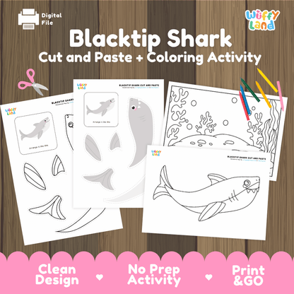 Blacktip Shark Cut and Paste Craft and Coloring Activity Worksheets