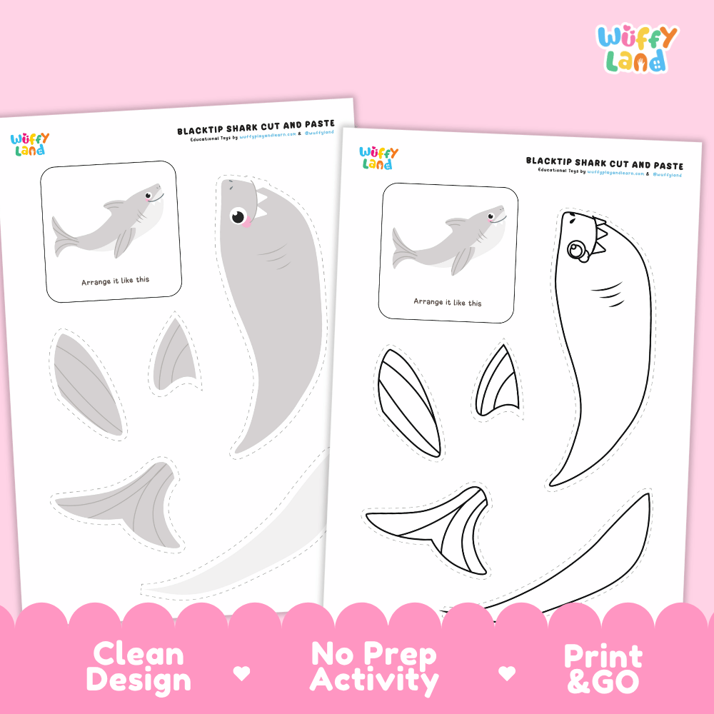 Blacktip Shark Cut and Paste Craft and Coloring Activity Worksheets