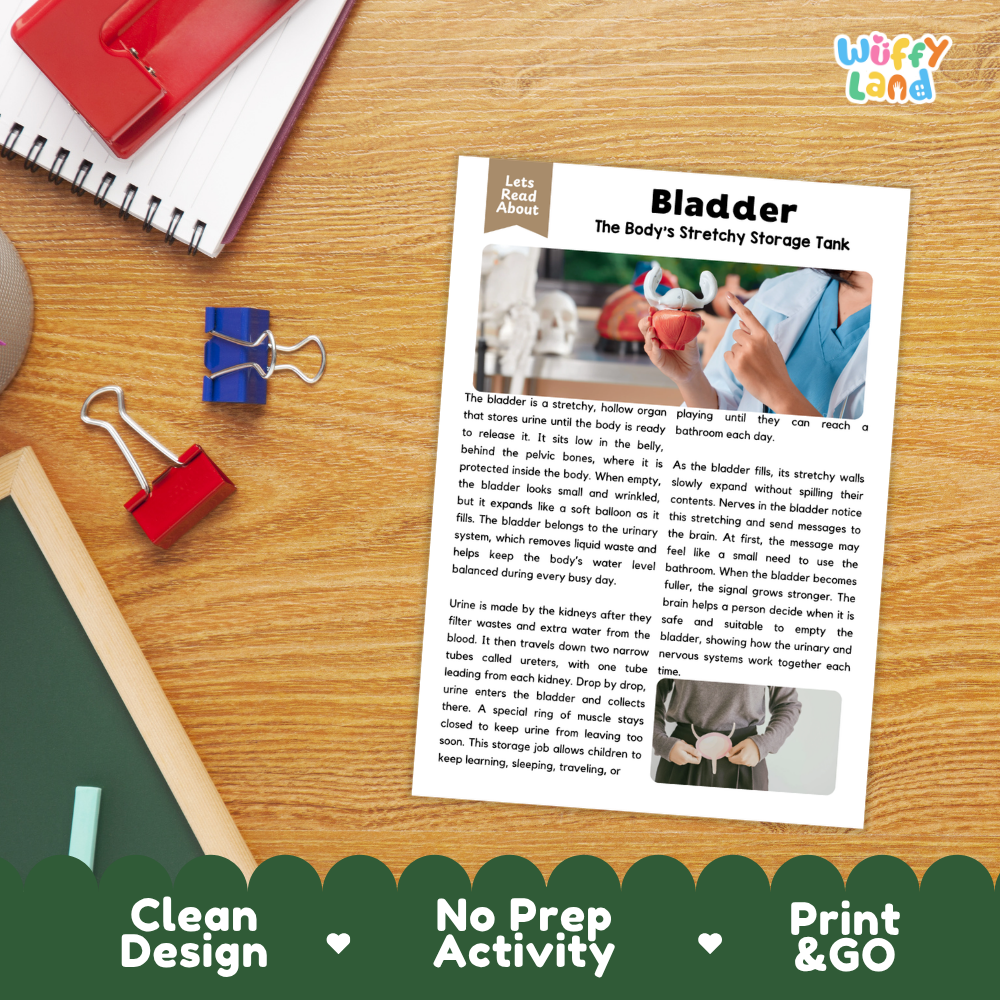Student reading comprehension worksheet with short-answer questions and lined sections about the human bladder