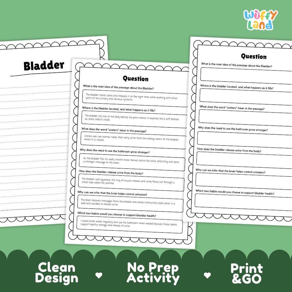 Informational reading passage page detailing the human bladder ureters urine storage nerve signals and healthy bathroom habits with diagrams