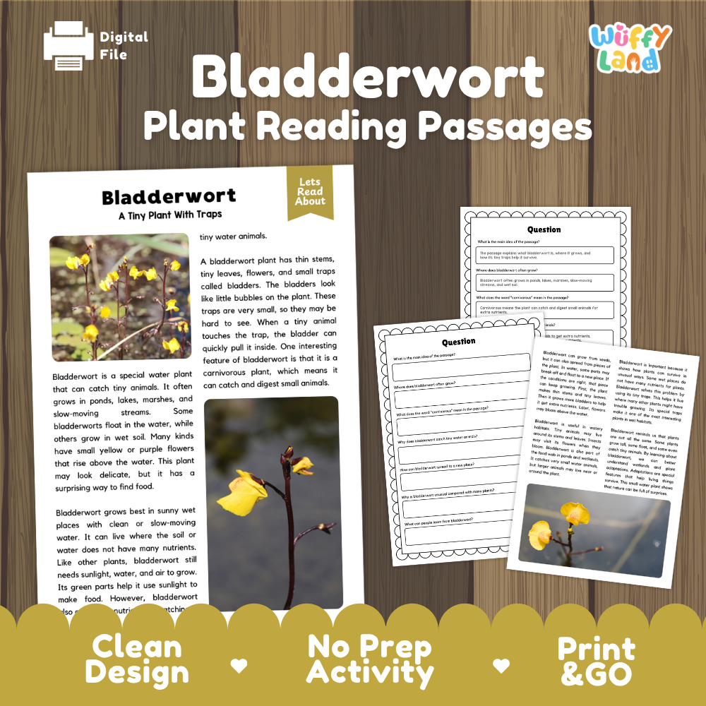 Bladderwort Plant Reading Passages Worksheets and Comprehension Activity