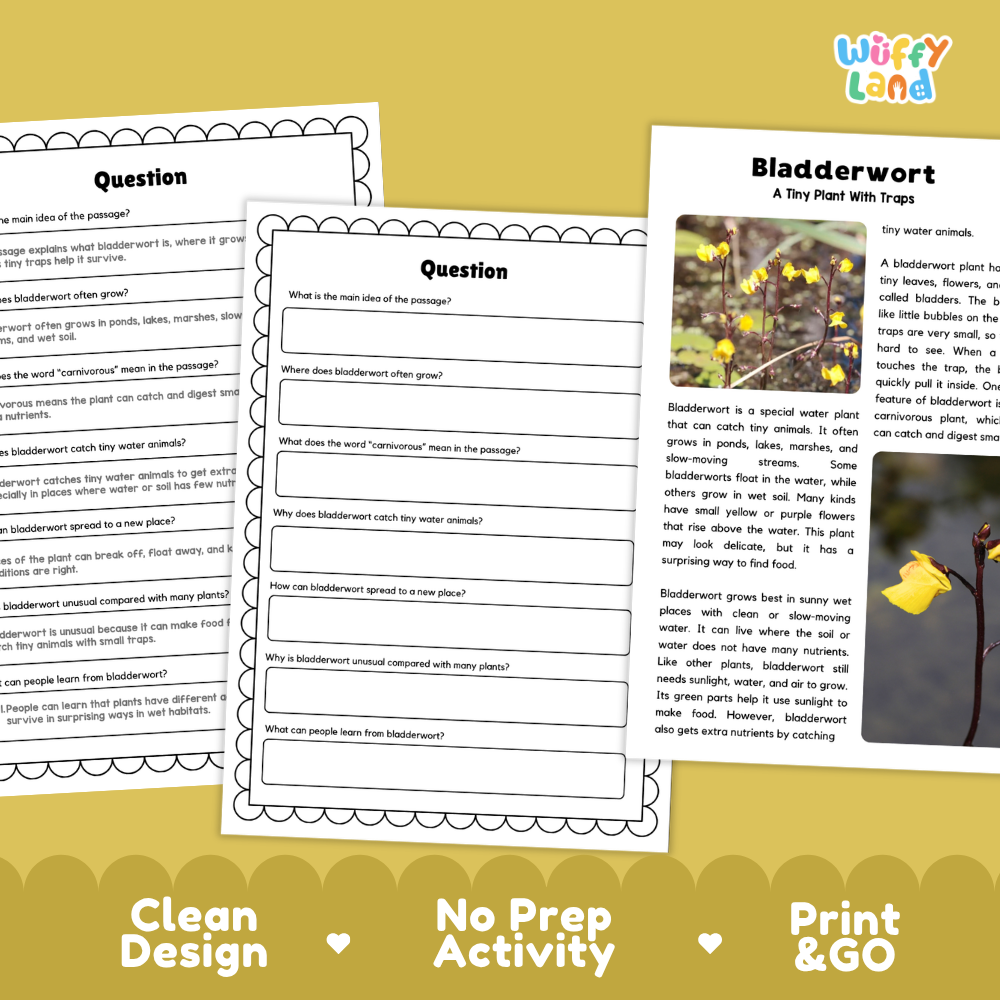 Bladderwort Plant Reading Passages Worksheets and Comprehension Activity