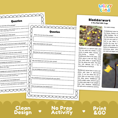 Bladderwort Plant Reading Passages Worksheets and Comprehension Activity