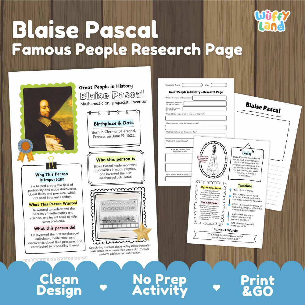A product listing graphic for a 'Blaise Pascal Famous People Research Page' educational activity. The image shows three printable worksheet pages laid out on a wood-grain background, with promotional text at the top and bottom.