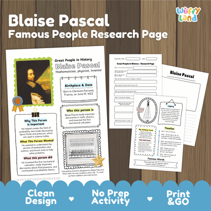 A product listing graphic for a 'Blaise Pascal Famous People Research Page' educational activity. The image shows three printable worksheet pages laid out on a wood-grain background, with promotional text at the top and bottom.