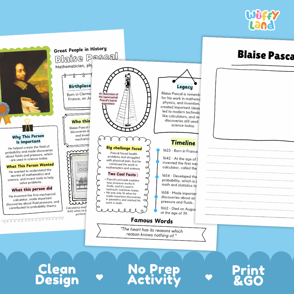 Blaise Pascal Famous People Research Page Worksheets