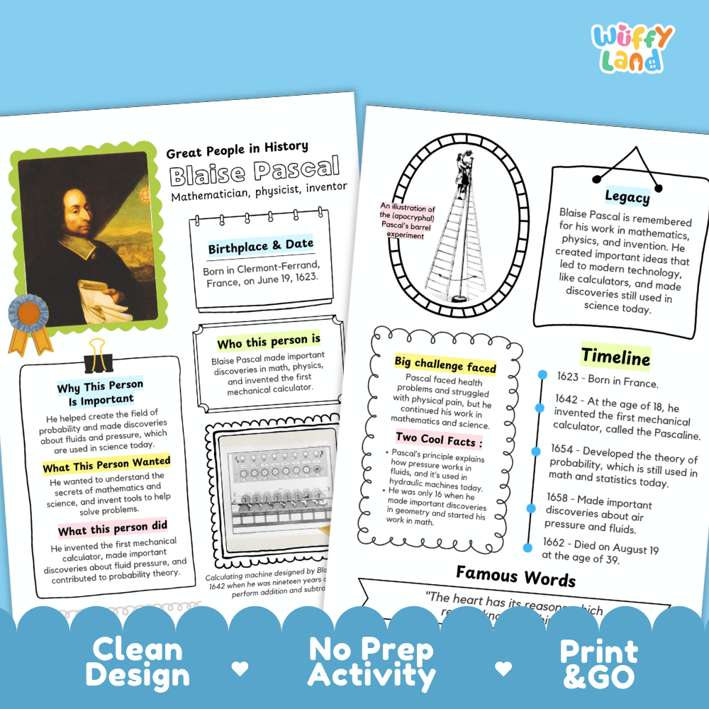 Blaise Pascal Famous People Research Page Worksheets