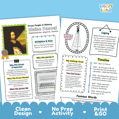 Blaise Pascal Famous People Research Page Worksheets