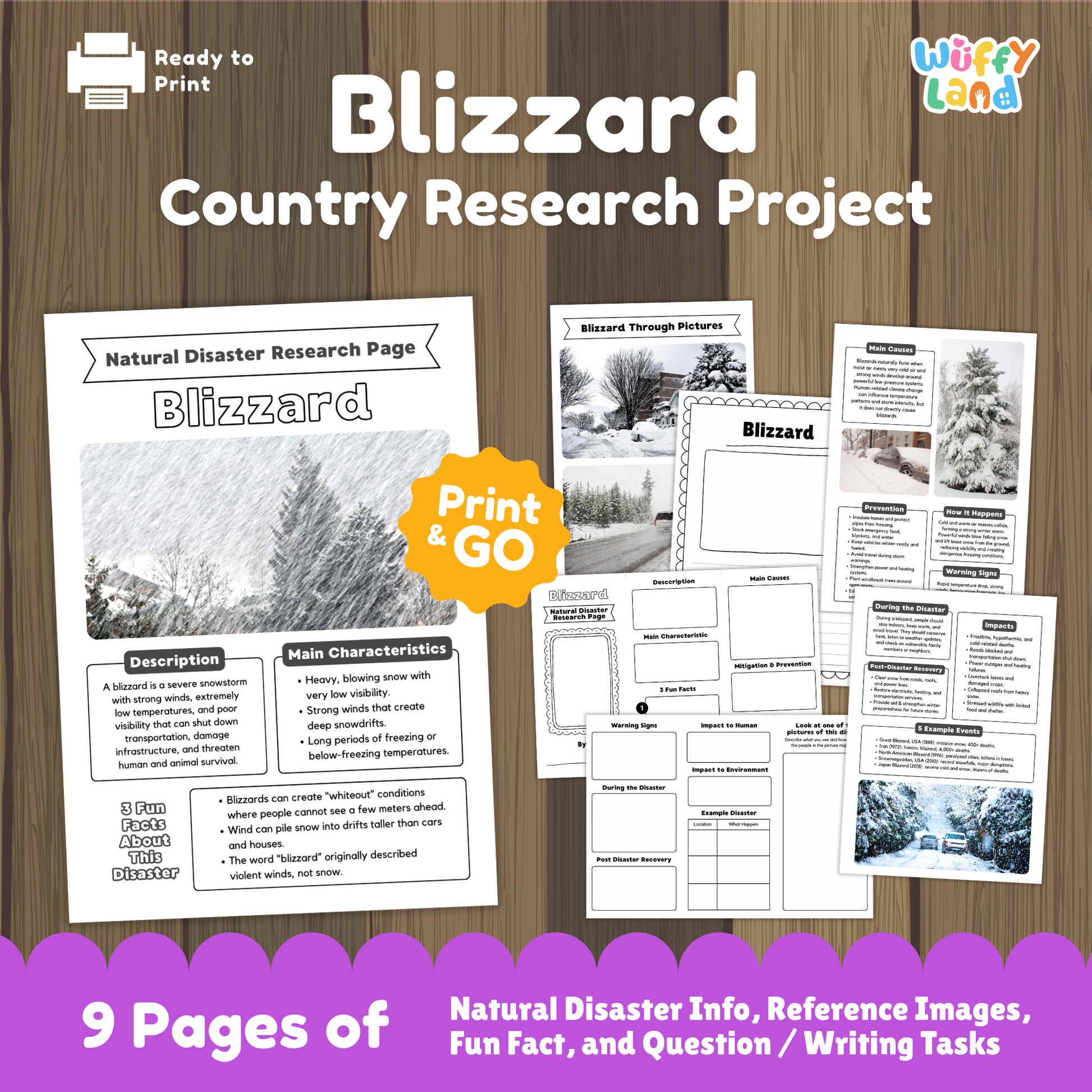 Printable blizzard research project pack for students featuring a main blizzard information page, characteristics and description sections, photo-based learning pages, causes and prevention worksheets, impacts and recovery activities, and structured research templates for elementary and middle school.