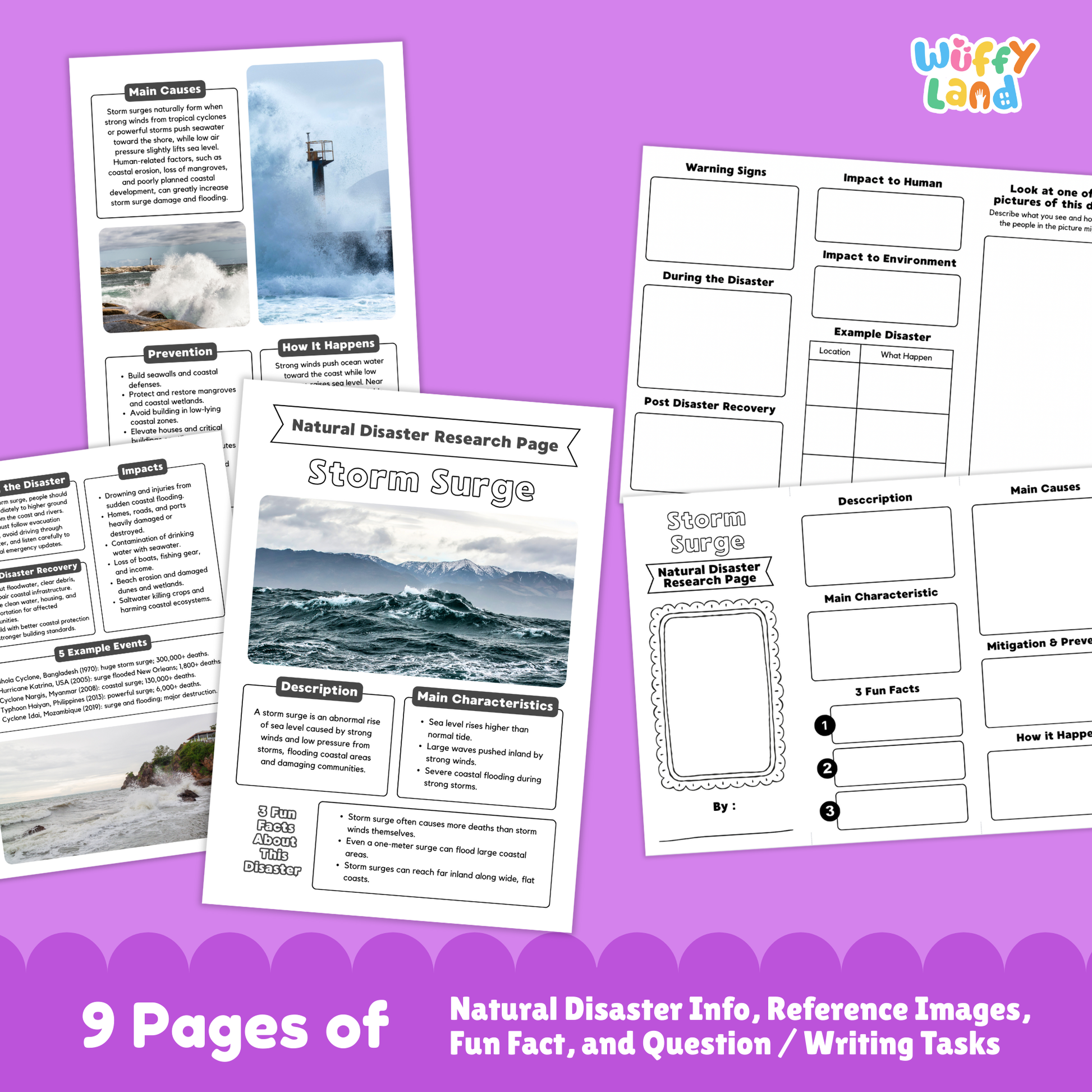 Printable blizzard research project pack for students featuring a main blizzard information page, characteristics and description sections, photo-based learning pages, causes and prevention worksheets, impacts and recovery activities, and structured research templates for elementary and middle school.