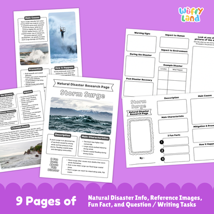 Printable blizzard research project pack for students featuring a main blizzard information page, characteristics and description sections, photo-based learning pages, causes and prevention worksheets, impacts and recovery activities, and structured research templates for elementary and middle school.