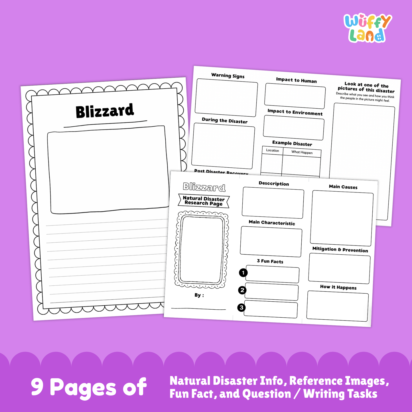 Printable blizzard research project pack for students featuring a main blizzard information page, characteristics and description sections, photo-based learning pages, causes and prevention worksheets, impacts and recovery activities, and structured research templates for elementary and middle school.