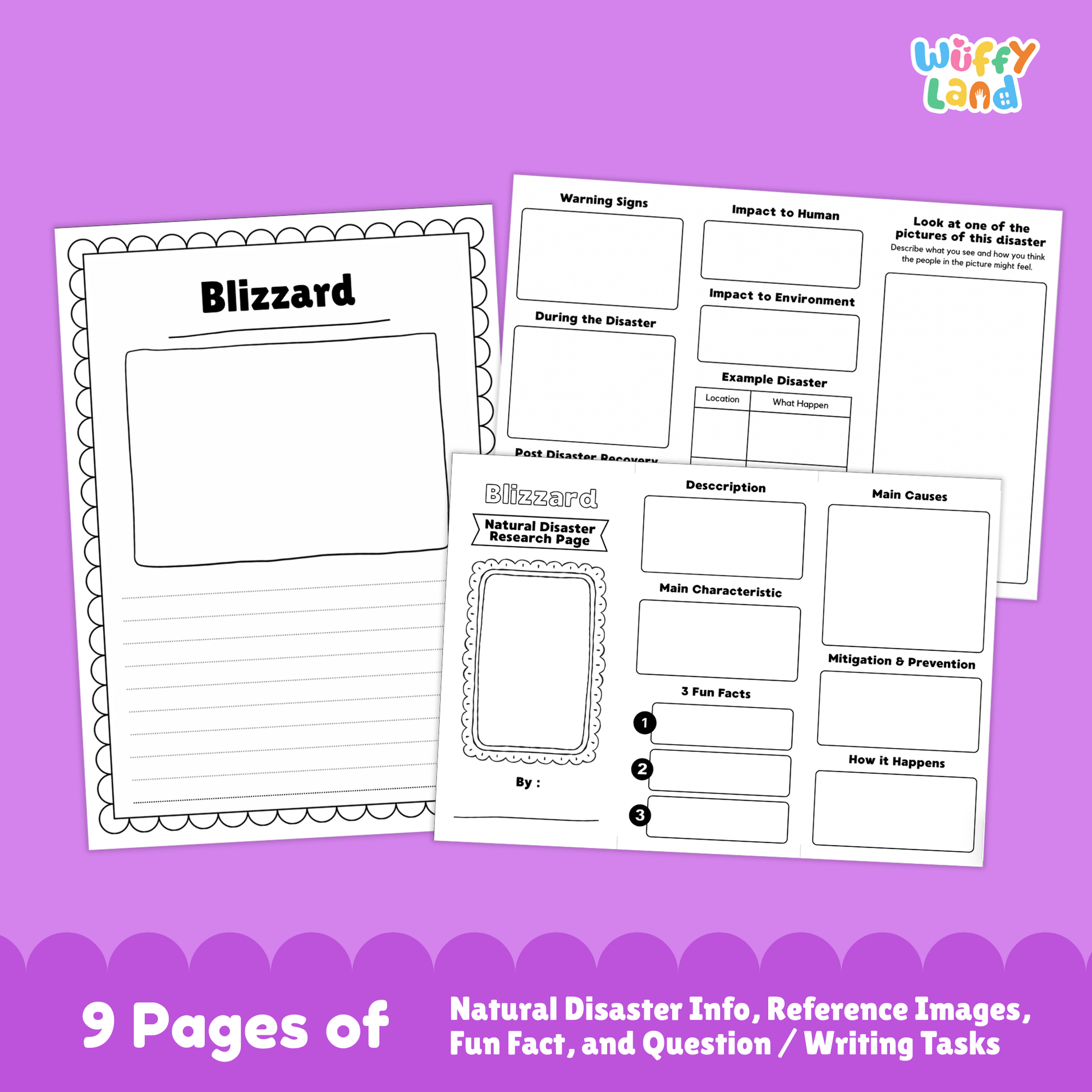 Printable blizzard research project pack for students featuring a main blizzard information page, characteristics and description sections, photo-based learning pages, causes and prevention worksheets, impacts and recovery activities, and structured research templates for elementary and middle school.